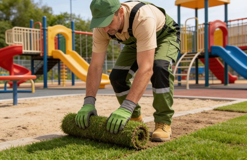Completed playground artificial turf installation for a community play area in Dallas