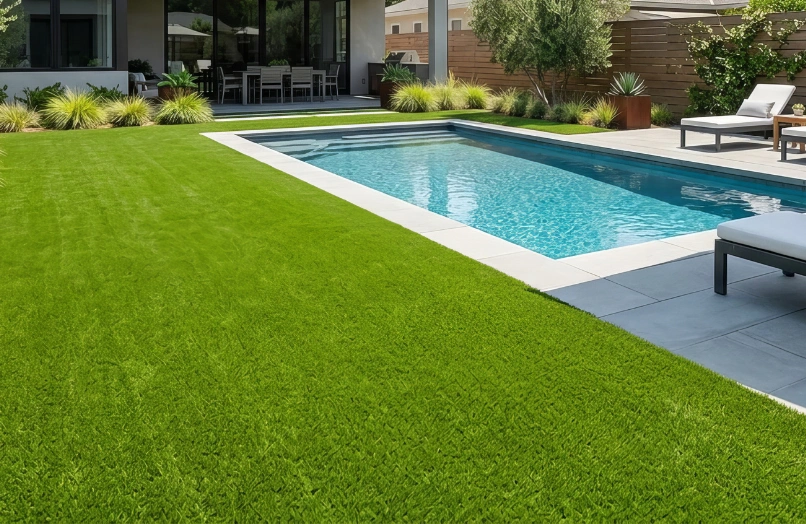 Completed poolside artificial turf installation at a Dallas residential property